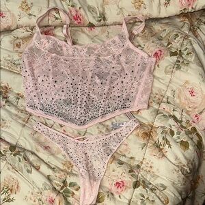Elegant Pink Lace and rhinestone corset and Thong Set by Victoria secret